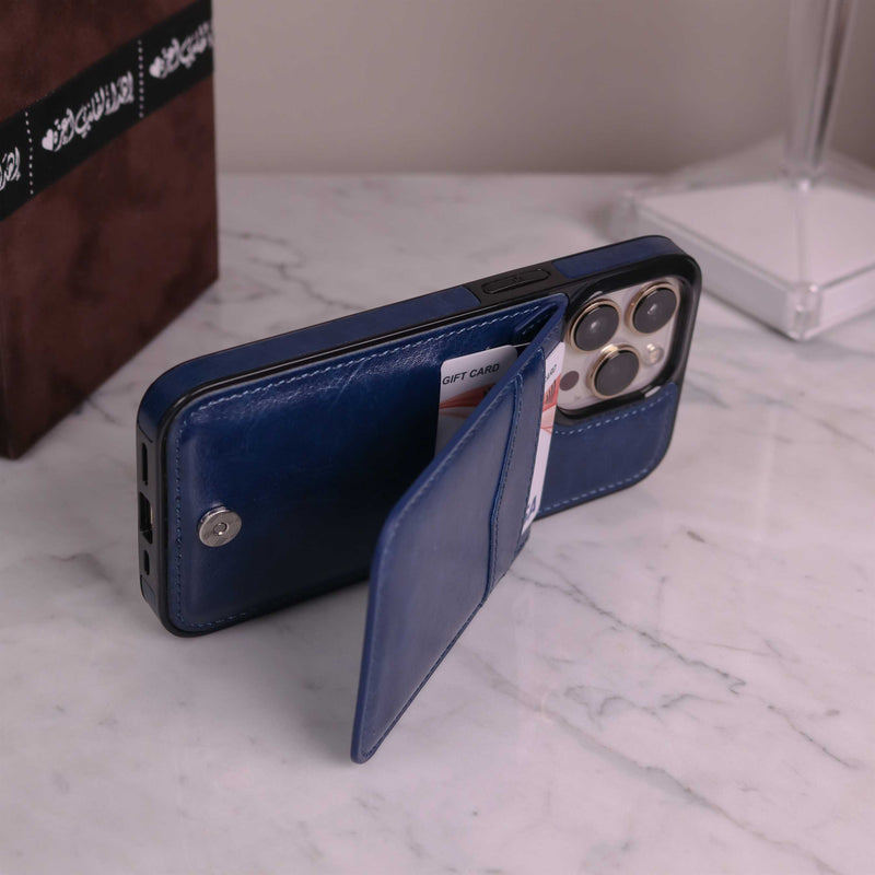 Dark Blue Leather Phone Case with Wallet Card - كفر مع محفظة للبطاقات والنقود وستاند جانبي
