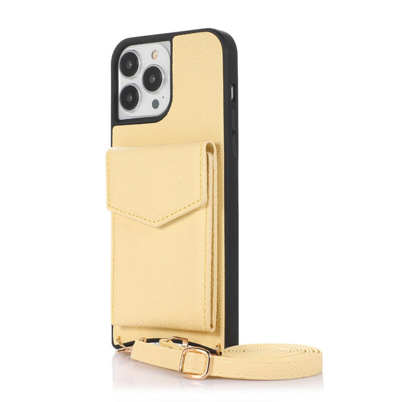 Yellow Leather Case with Mirror, Card Wallet and Strap Lanyard - كفر جلد مع محفظة للبطاقات ومرايا وخيط علاقة