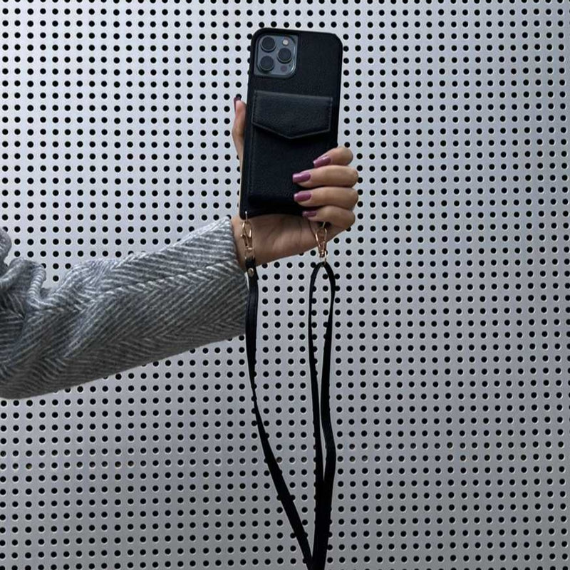Black Leather Case with Mirror, Card Wallet and Strap Lanyard - كفر جلد مع محفظة للبطاقات ومرايا وخيط علاقة