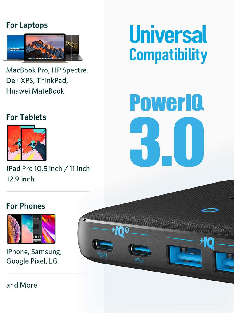 Anker Powerport Atom III 63W Slim - Black Fabric [D] - موزع شحن انكر - 4 فتحات للشحن - قوة 63 واط - 2 منفذين تايب سي - 2 منفذين للشحن الذكي - كفالة 18ش شهر