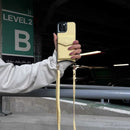 Yellow Leather Case with Mirror, Card Wallet and Strap Lanyard - كفر جلد مع محفظة للبطاقات ومرايا وخيط علاقة