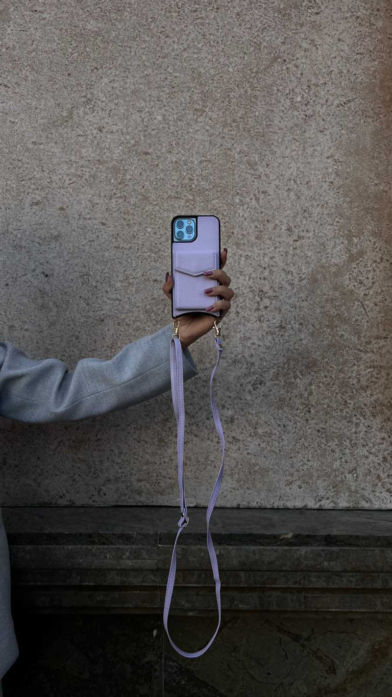 Purple Leather Case with Mirror, Card Wallet and Strap Lanyard - كفر جلد مع محفظة للبطاقات ومرايا وخيط علاقة