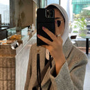 Black Leather Case with Mirror, Card Wallet and Strap Lanyard - كفر جلد مع محفظة للبطاقات ومرايا وخيط علاقة