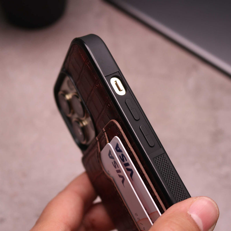 Crocodile Leather Case with Card Slot and Stand - Brown -  كفر جلد مع محفظة للبطاقات والنقود وستاند