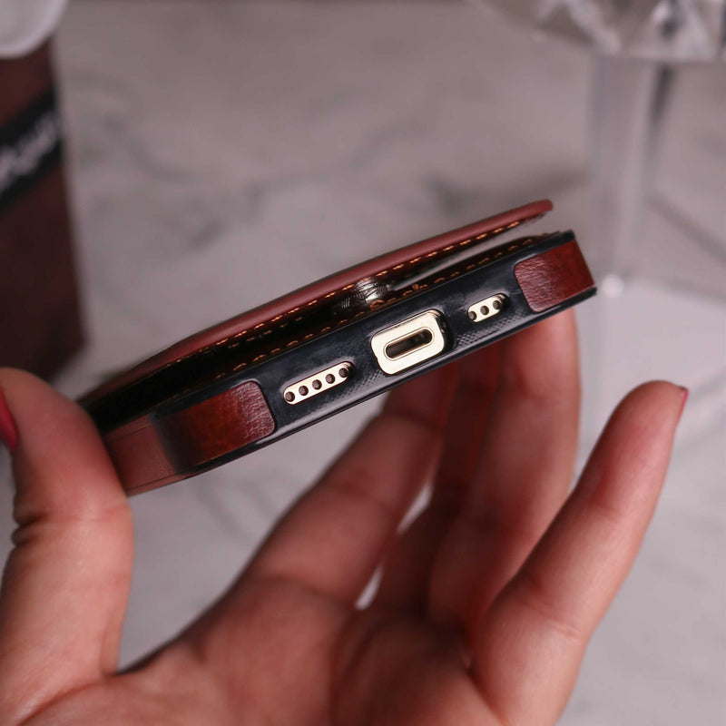Brown Leather Phone Case with Wallet Card - كفر مع محفظة للبطاقات والنقود وستاند جانبي