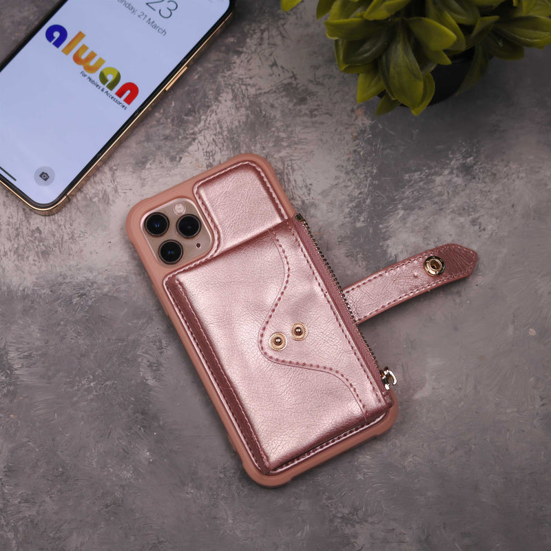 Rose Gold Wallet Case with Zipper - كفر مع محفظة للبطاقات والكاش وجيب للخردة