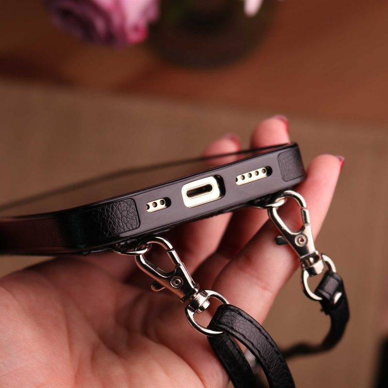 Leather Black Case with Back Card Slot and Strap - كفر جلد مع محفظة للبطاقات مع خيط علاقة