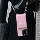 Pink Leather Case with Mirror, Card Wallet and Strap Lanyard - كفر جلد مع محفظة للبطاقات ومرايا وخيط علاقة