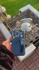 Dark Blue Leather Case with Grip, Card Slot and Strap Lanyard - كفر جلد مع مسكة ومحفظة للبطاقات والنقود وخيط سلسة علاقة