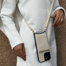 Off-White Leather Case with Mirror, Card Wallet and Strap Lanyard - كفر جلد مع محفظة للبطاقات ومرايا وخيط علاقة