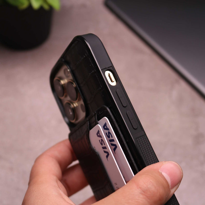 Crocodile Leather Case with Card Slot and Stand - Black -  كفر جلد مع محفظة للبطاقات والنقود وستاند