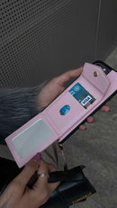 Pink Leather Case with Mirror, Card Wallet and Strap Lanyard - كفر جلد مع محفظة للبطاقات ومرايا وخيط علاقة