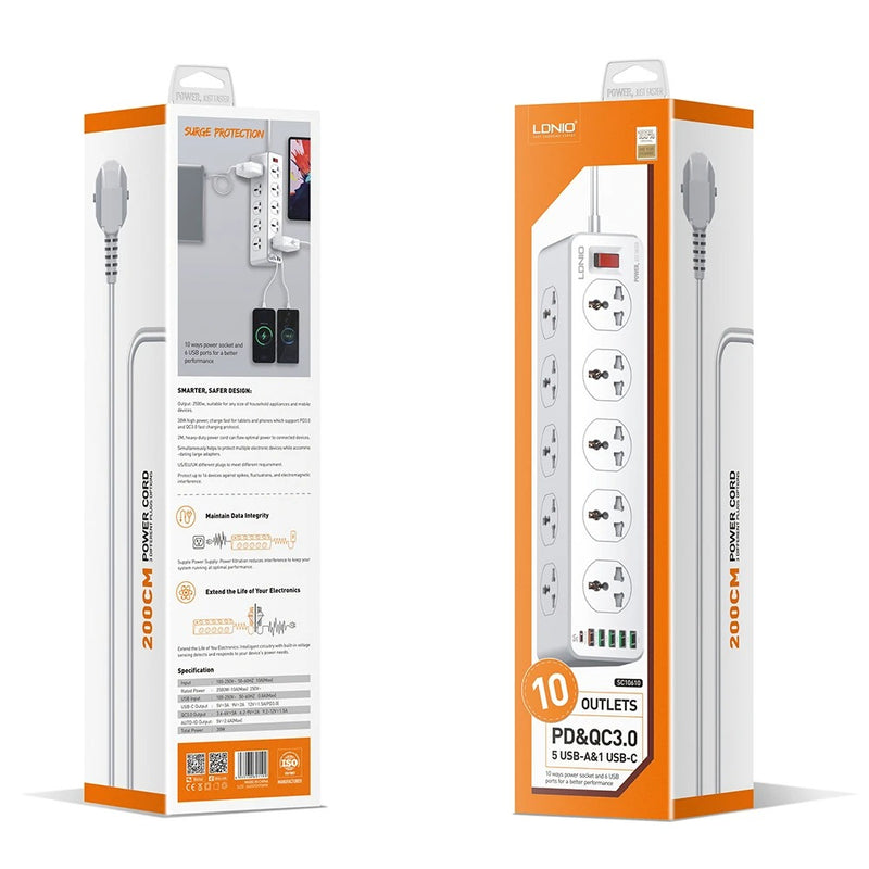 LDNIO Charger Power Strip With 10 Outlets - 30W - 6-Port USB Wall Charger Adapter - موزع شاحن حائط دولي - 10 مخارج كهرباء + 6 مخارج للشحن - قوة 30 واط - كفالة 12 شهر