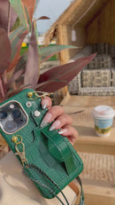 Dark Green Leather Case with Grip, Card Slot and Strap Lanyard - كفر جلد مع مسكة ومحفظة للبطاقات والنقود وخيط سلسة علاقة