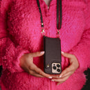 Black Wallet Leather Case with Mirror, Card Slot and Lanyard - كفر مع مراية ومكان للبطاقات وخيط علاقة