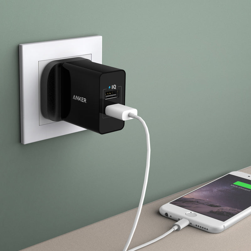 Anker PowerPort 24W - 2 Port IQ - Black - شاحن حائط - انكر - منفذين للشحن الذكي - كفالة 18 شهر