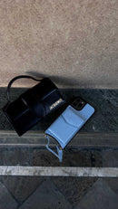 Baby Blue Leather Case with Mirror, Card Wallet and Strap Lanyard - كفر جلد مع محفظة للبطاقات ومرايا وخيط علاقة