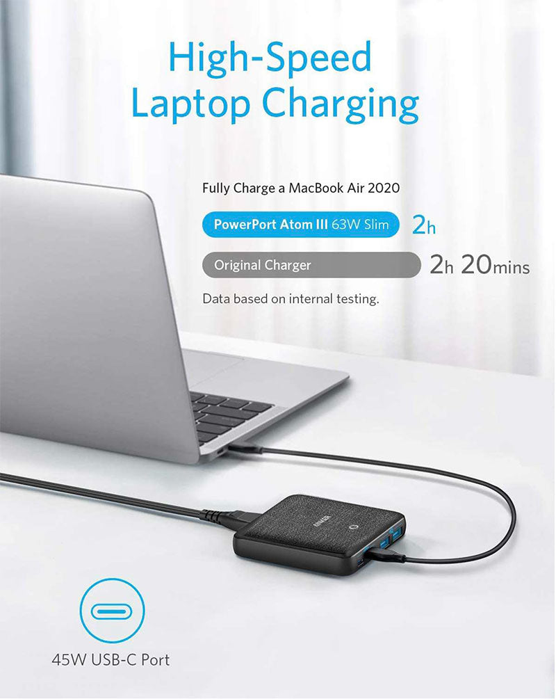 Anker Powerport Atom III 63W Slim - Black Fabric [D] - موزع شحن انكر - 4 فتحات للشحن - قوة 63 واط - 2 منفذين تايب سي - 2 منفذين للشحن الذكي - كفالة 18ش شهر