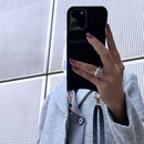 Black Leather Case with Mirror, Card Wallet and Strap Lanyard - كفر جلد مع محفظة للبطاقات ومرايا وخيط علاقة