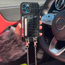 Black Leather Case with Card Slot and Strap Lanyard - كفر جلد مع محفظة للبطاقات والنقود وخيط سلسة علاقة