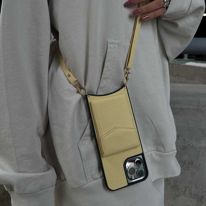 Yellow Leather Case with Mirror, Card Wallet and Strap Lanyard - كفر جلد مع محفظة للبطاقات ومرايا وخيط علاقة
