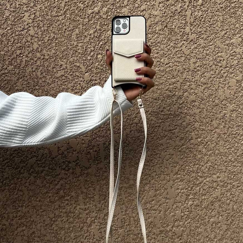 Off-White Leather Case with Mirror, Card Wallet and Strap Lanyard - كفر جلد مع محفظة للبطاقات ومرايا وخيط علاقة