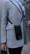 Black Leather Case with Mirror, Card Wallet and Strap Lanyard - كفر جلد مع محفظة للبطاقات ومرايا وخيط علاقة