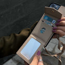 Brown Nude Leather Case with Mirror, Card Wallet and Strap Lanyard - كفر جلد مع محفظة للبطاقات ومرايا وخيط علاقة