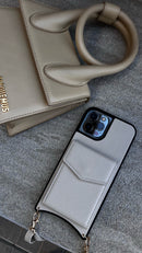 Off-White Leather Case with Mirror, Card Wallet and Strap Lanyard - كفر جلد مع محفظة للبطاقات ومرايا وخيط علاقة