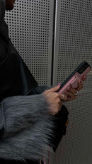 Pink Leather Case with Mirror, Card Wallet and Strap Lanyard - كفر جلد مع محفظة للبطاقات ومرايا وخيط علاقة