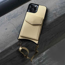 Yellow Leather Case with Mirror, Card Wallet and Strap Lanyard - كفر جلد مع محفظة للبطاقات ومرايا وخيط علاقة