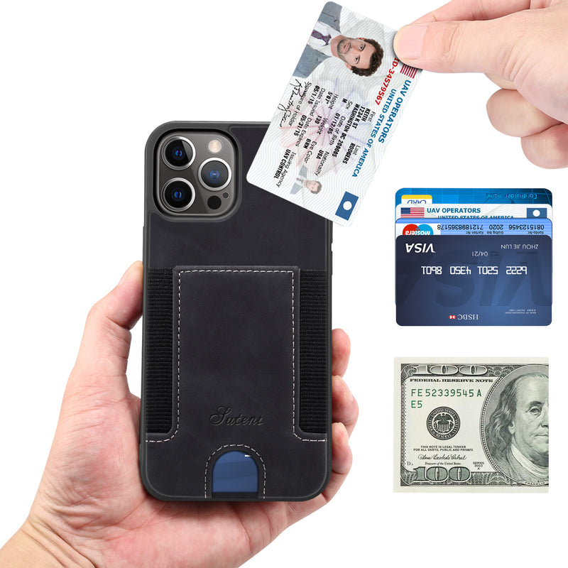 Black Leather Case with Back Card Slots - كفر جلد مع محفظة للبطاقات بالخلف