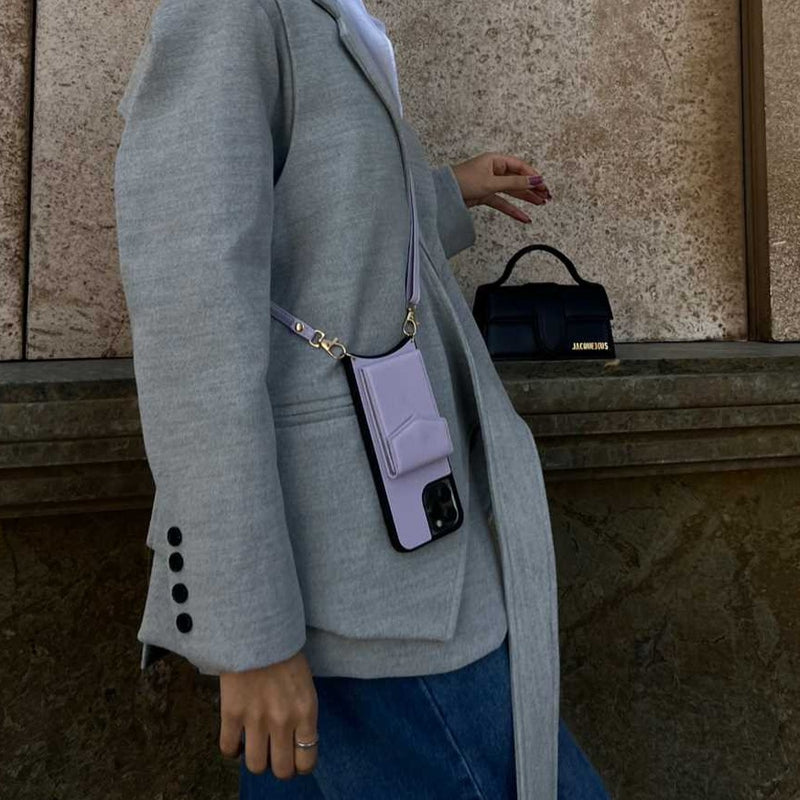 Purple Leather Case with Mirror, Card Wallet and Strap Lanyard - كفر جلد مع محفظة للبطاقات ومرايا وخيط علاقة