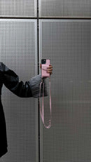 Pink Leather Case with Mirror, Card Wallet and Strap Lanyard - كفر جلد مع محفظة للبطاقات ومرايا وخيط علاقة