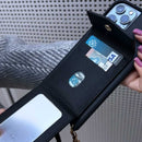 Black Leather Case with Mirror, Card Wallet and Strap Lanyard - كفر جلد مع محفظة للبطاقات ومرايا وخيط علاقة