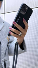 Black Leather Case with Mirror, Card Wallet and Strap Lanyard - كفر جلد مع محفظة للبطاقات ومرايا وخيط علاقة