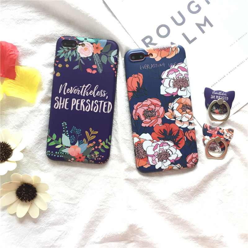 Navy Orange Flower Case With Ring - كفر مع مسكة خاتم