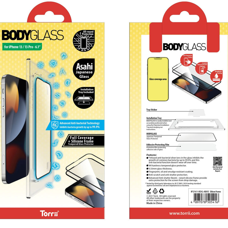Torrii BODYGLASS Screen Protector Anti-bacterial Coating for iPhone - Full Coverage + Silicon Frame - Clear - حماية شاشة مضاعفة لجميع اطراف الشاشة - توري - مقاومة للخدش والبكتيريا