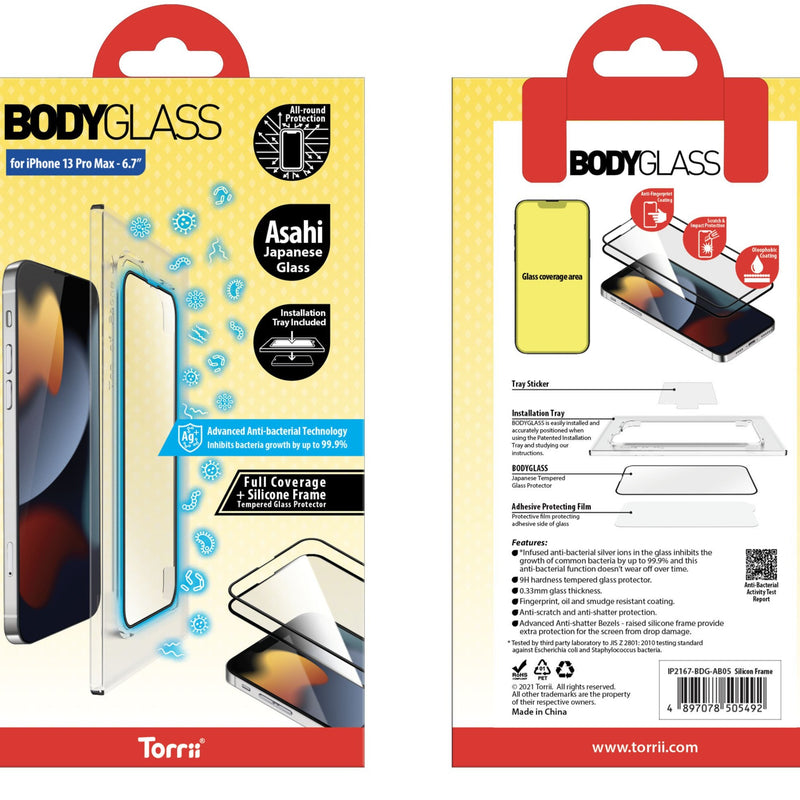 Torrii BODYGLASS Screen Protector Anti-bacterial Coating for iPhone - Full Coverage + Silicon Frame - Clear - حماية شاشة مضاعفة لجميع اطراف الشاشة - توري - مقاومة للخدش والبكتيريا