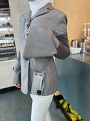 Grey Leather Case with Card Slot and Strap Lanyard - كفر جلد مع محفظة للبطاقات والنقود وخيط سلسة علاقة