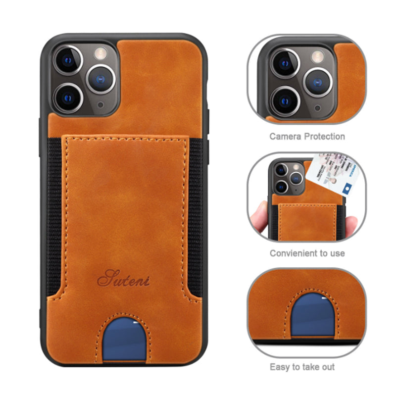 Brown Leather Case with Back Card Slots - كفر جلد مع محفظة للبطاقات بالخلف