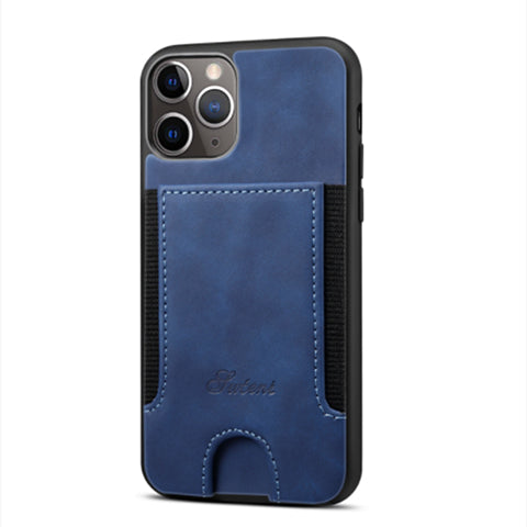 Blue Leather Case with Back Card Slots - كفر جلد مع محفظة للبطاقات بالخلف