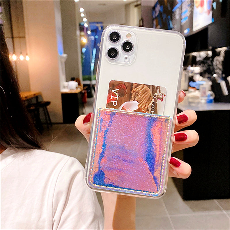 Purple Laser Clear Phone Case With Card Slot - كفر مع محفظة للبطاقات بالخلف