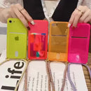Hot Pink Clear Case with Back Card Slot and Lanyard - كفر مع خيط علاقة ومكان للبطاقات