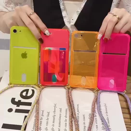 Orange Clear Case with Back Card Slot and Lanyard - كفر مع خيط علاقة ومكان للبطاقات