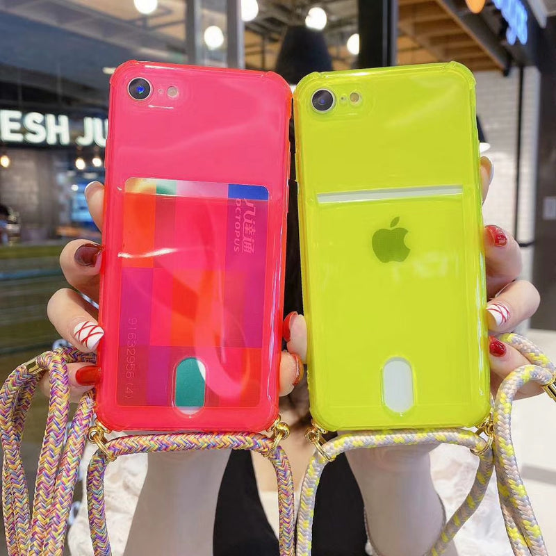 Orange Clear Case with Back Card Slot and Lanyard - كفر مع خيط علاقة ومكان للبطاقات
