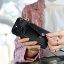 Black Leather Wallet Case with Card Slot and Lanyard - كفر مع محفظة للبطاقات والكاش وخيط علاقة