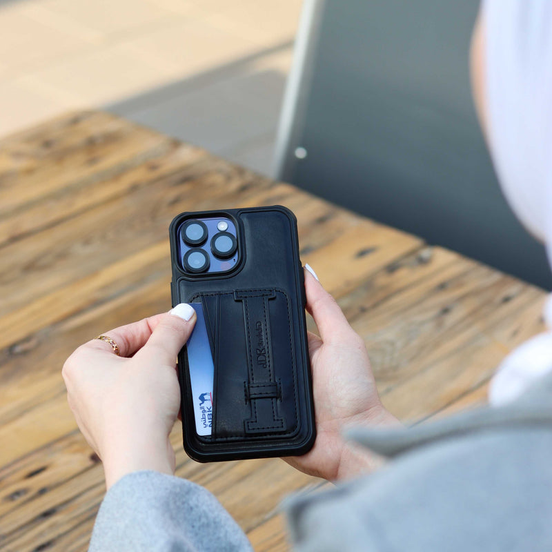 Black Leather Case with Grip, Card Slot and Stand - كفر جلد مع مسكة ومحفظة للبطاقات وستاند جانبي