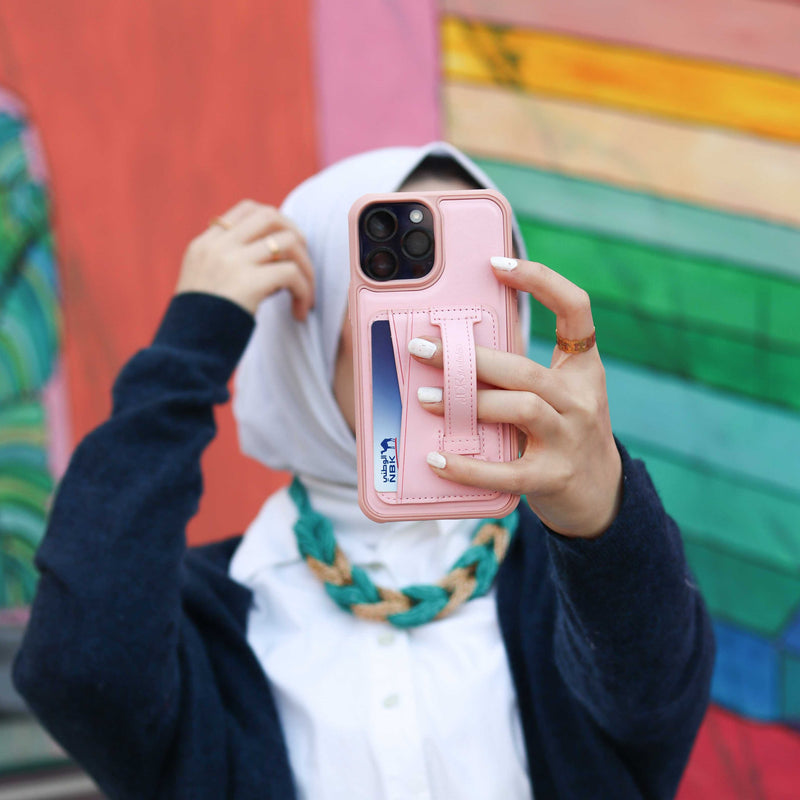 Pink Leather Case with Grip, Card Slot and Stand - كفر جلد مع مسكة ومحفظة للبطاقات وستاند جانبي