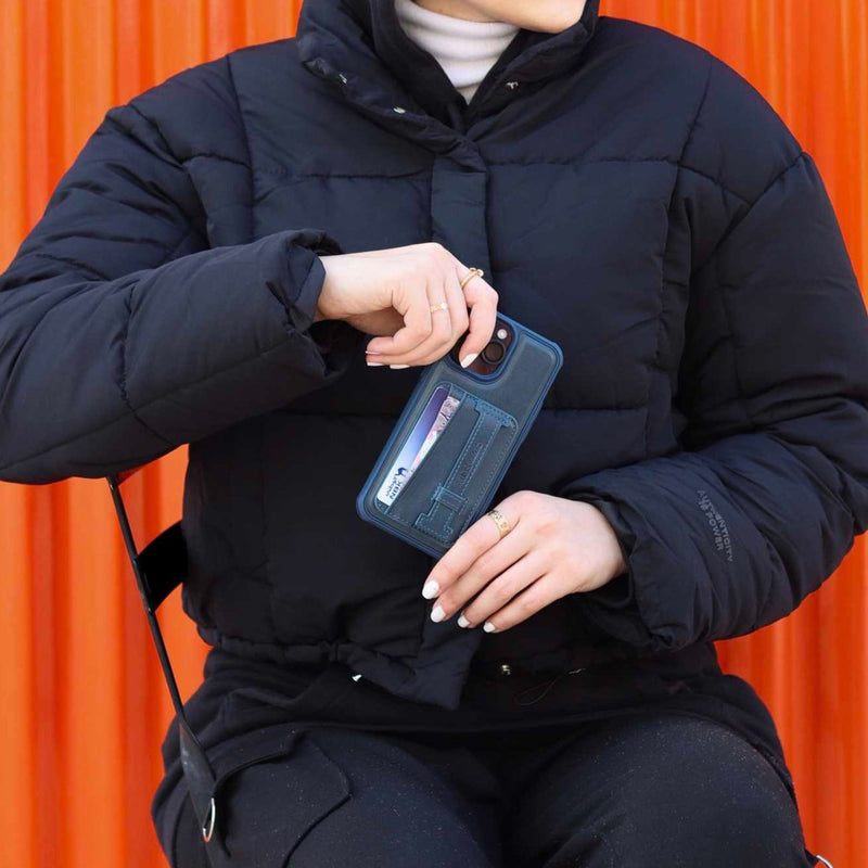 Dark Blue Leather Case with Grip, Card Slot and Stand - كفر جلد مع مسكة ومحفظة للبطاقات وستاند جانبي